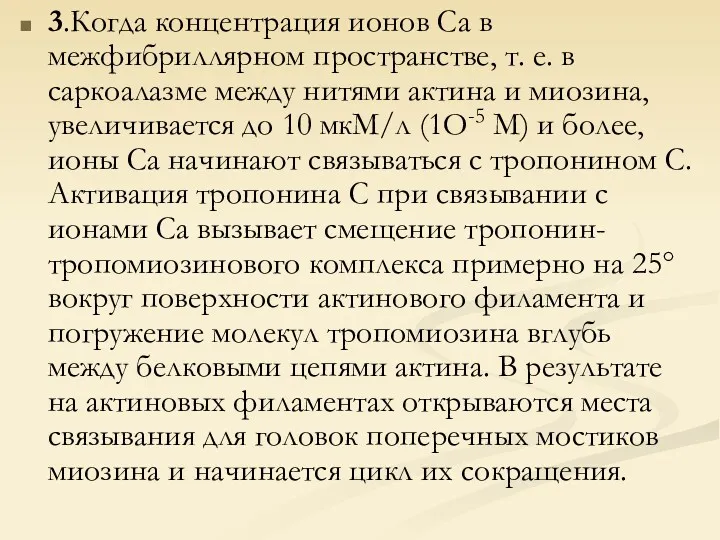 3.Когда концентрация ионов Са в межфибриллярном пространстве, т. е. в