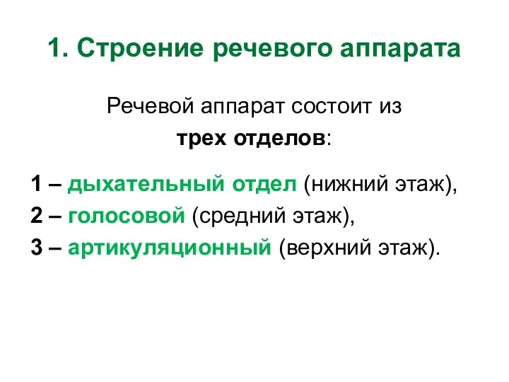 1. Строение речевого аппарата Речевой аппарат состоит из трех отделов: