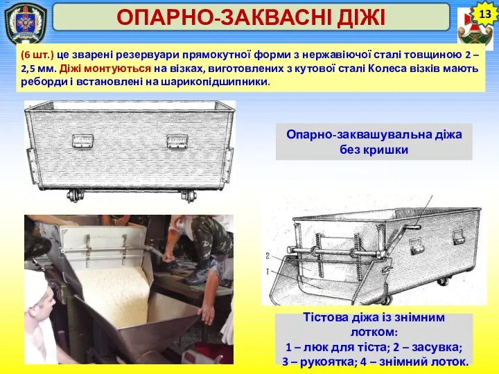 13 ОПАРНО-ЗАКВАСНІ ДІЖІ (6 шт.) це зварені резервуари прямокутної форми