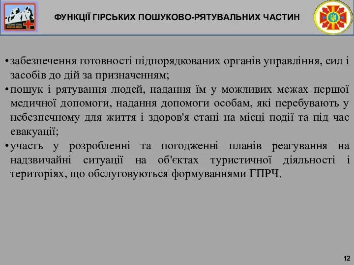 ФУНКЦІЇ ГІРСЬКИХ ПОШУКОВО-РЯТУВАЛЬНИХ ЧАСТИН забезпечення готовності підпорядкованих органів управління, сил