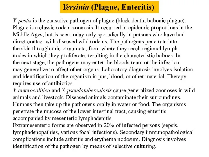 Yersinia (Plague, Enteritis) Y. pestis is the causative pathogen of plague (black death,