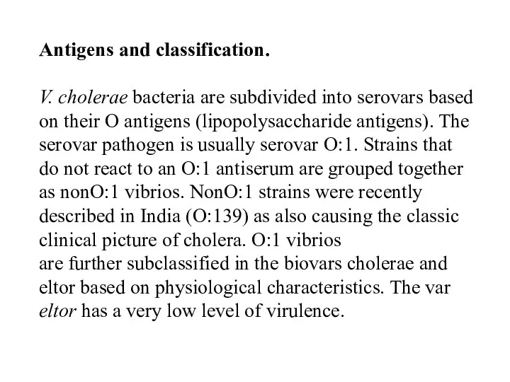 Antigens and classification. V. cholerae bacteria are subdivided into serovars based on their