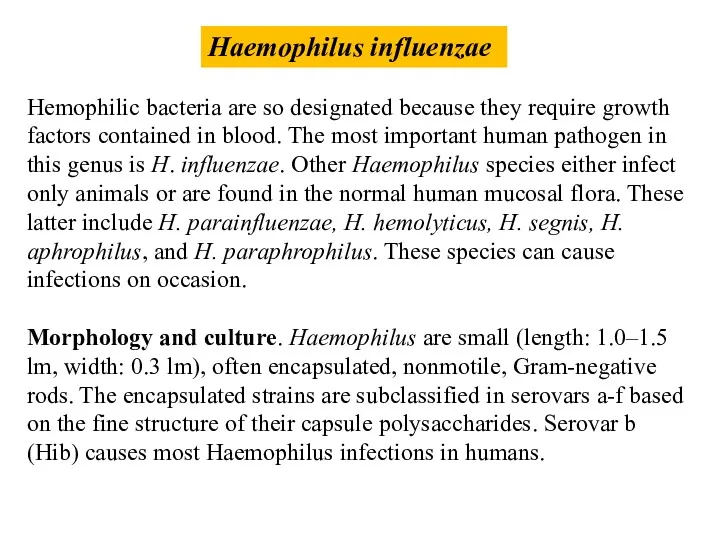 Haemophilus influenzae Hemophilic bacteria are so designated because they require growth factors contained