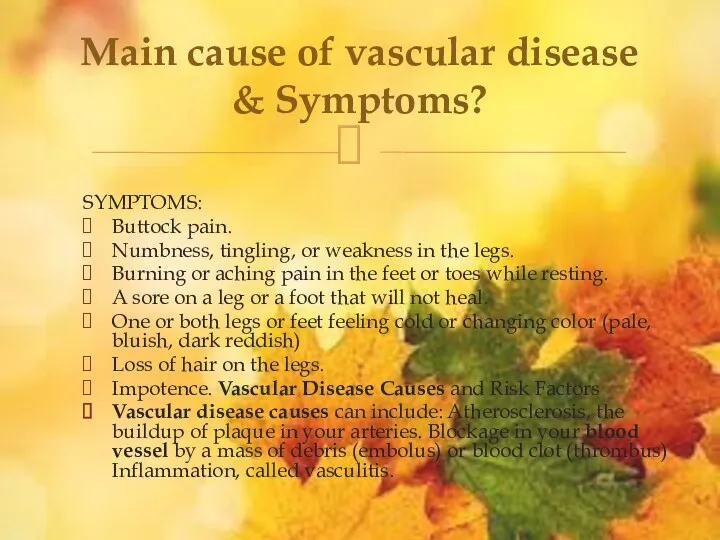 Main cause of vascular disease & Symptoms? SYMPTOMS: Buttock pain.