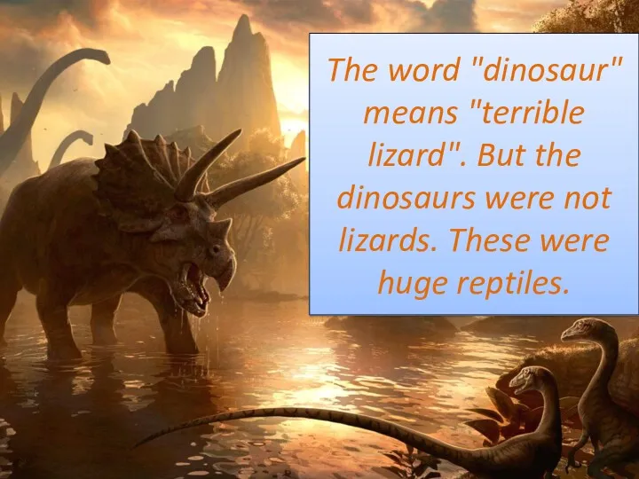 The word "dinosaur" means "terrible lizard". But the dinosaurs were not lizards. These were huge reptiles.