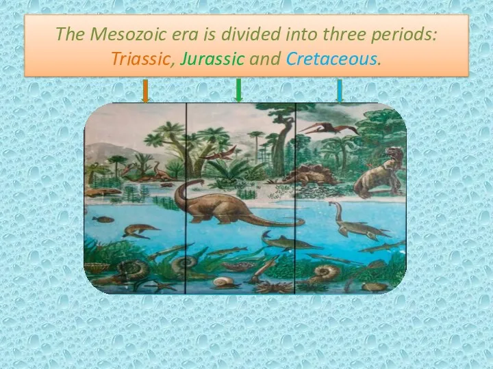 The Mesozoic era is divided into three periods: Triassic, Jurassic and Cretaceous.