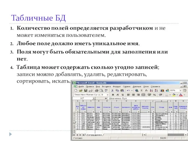 Табличные БД Количество полей определяется разработчиком и не может изменяться