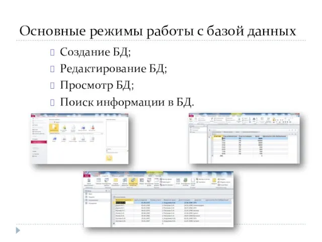 Основные режимы работы с базой данных Создание БД; Редактирование БД; Просмотр БД; Поиск информации в БД.