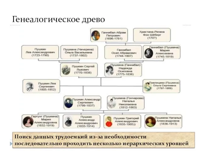 Генеалогическое древо Поиск данных трудоемкий из-за необходимости последовательно проходить несколько иерархических уровней