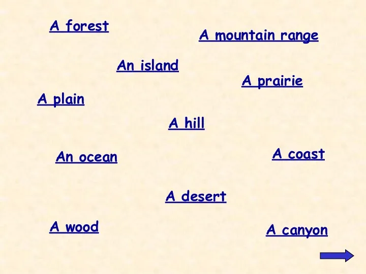 A desert A plain A hill A forest An island