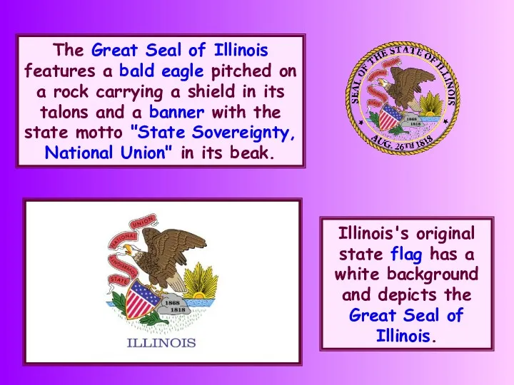 The Great Seal of Illinois features a bald eagle pitched