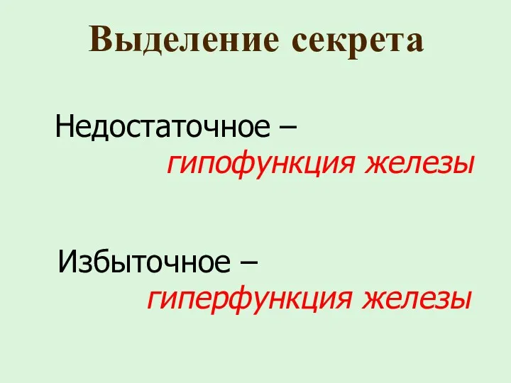 Выделение секрета Недостаточное – гипофункция железы Избыточное – гиперфункция железы