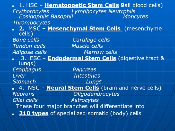 1. HSC – Hematopoetic Stem Cells 9all blood cells)‏ Erythorocytes Lymphocytes Neutrphils Eosinophils