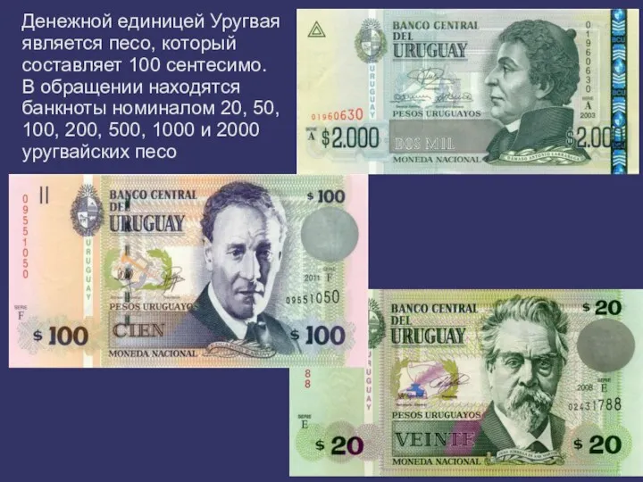 Денежной единицей Уругвая является песо, который составляет 100 сентесимо. В обращении находятся банкноты