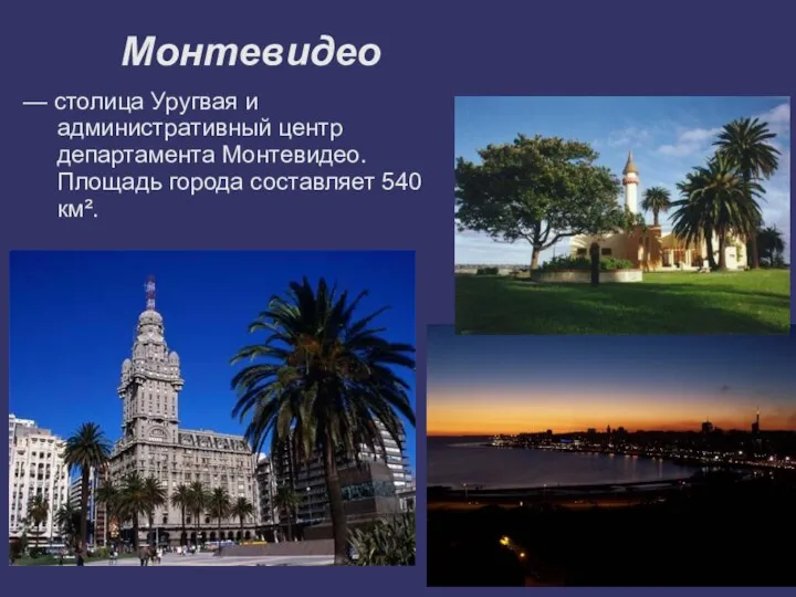 Монтевидео — столица Уругвая и административный центр департамента Монтевидео. Площадь города составляет 540 км².