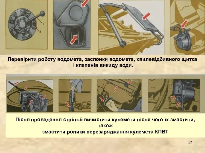 Перевірити роботу водомета, заслонки водомета, хвилевідбивного щитка і клапанів викиду