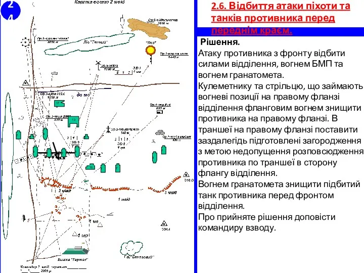 2.6. Відбиття атаки піхоти та танків противника перед переднім краєм.