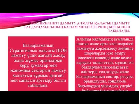 КӘСІПКЕРЛІКТІ ДАМЫТУ АЛМАТЫ ҚАЛАСЫН ДАМЫТУ БАҒДАРЛАМАСЫНЫҢ БАСЫМ МІНДЕТТЕРІНІҢ БІРІ БОЛЫП ТАБЫЛАДЫ. .