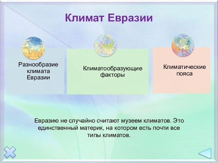 Климат Евразии Евразию не случайно считают музеем климатов. Это единственный