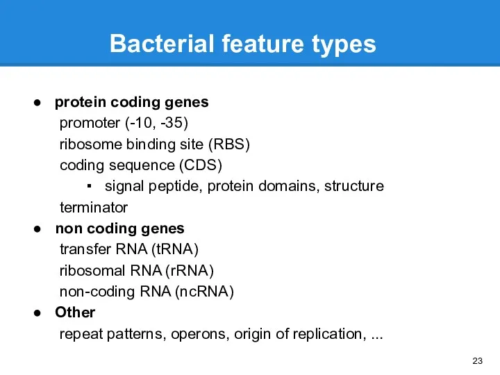 Bacterial feature types protein coding genes promoter (-10, -35) ribosome