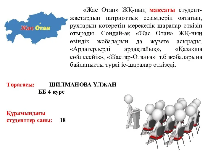 Төрағасы: ШИЛМАНОВА ҰЛЖАН ББ 4 курс Құрамындағы студенттер саны: 18