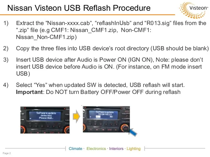 Nissan Visteon USB Reflash Procedure Extract the “Nissan-xxxx.cab”, “reflashInUsb” and