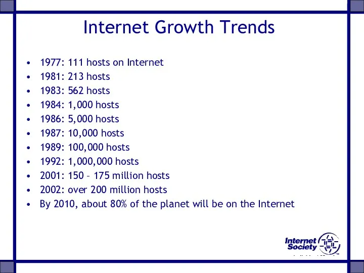 Internet Growth Trends 1977: 111 hosts on Internet 1981: 213 hosts 1983: 562