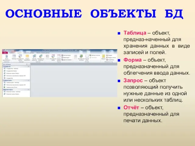 ОСНОВНЫЕ ОБЪЕКТЫ БД Таблица – объект, предназ-наченный для хранения данных