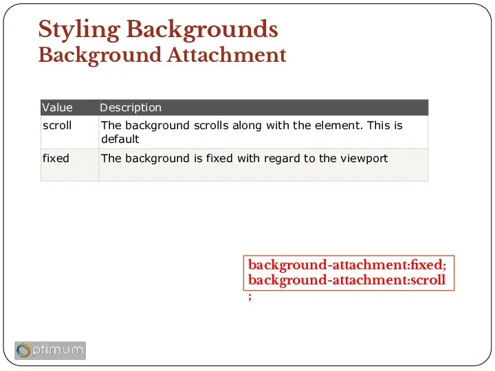 Styling Backgrounds Background Attachment background-attachment:fixed; background-attachment:scroll;