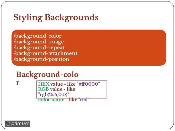 Styling Backgrounds background-color background-image background-repeat background-attachment background-position Background-color HEX value