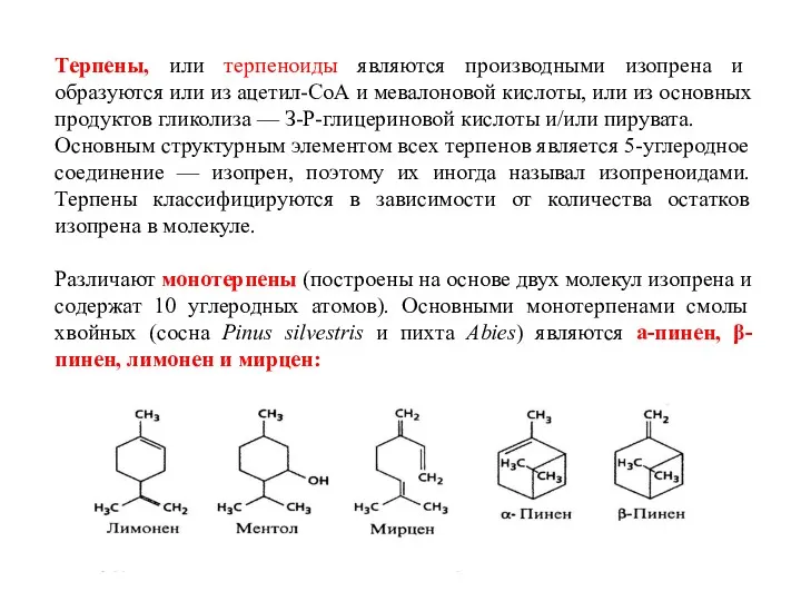 Терпены, или терпеноиды являются производными изопрена и образуются или из ацетил-СоА и мевалоновой