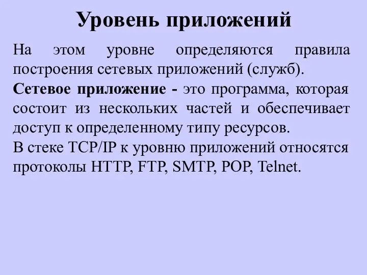 Уровень приложений На этом уровне определяются правила построения сетевых приложений