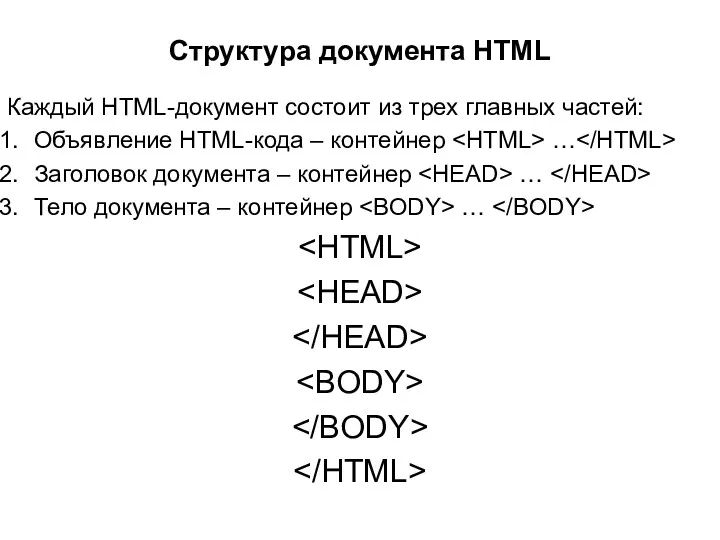 Структура документа HTML Каждый HTML-документ состоит из трех главных частей: