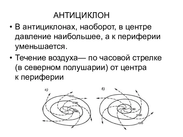 АНТИЦИКЛОН В антициклонах, наоборот, в центре давление наибольшее, а к