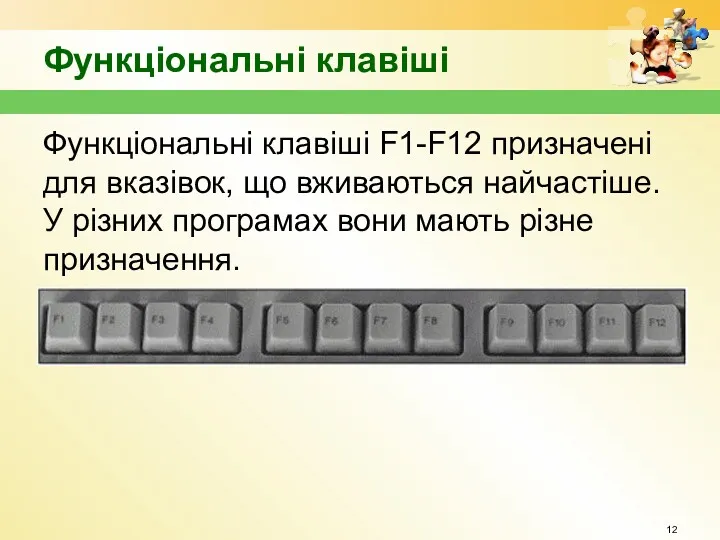 Функціональні клавіші Функціональні клавіші F1-F12 призначені для вказівок, що вживаються найчастіше. У різних