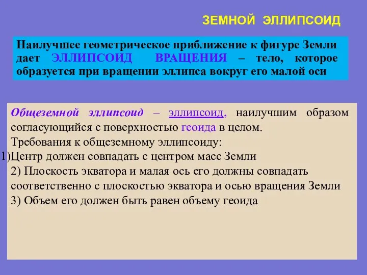 ЗЕМНОЙ ЭЛЛИПСОИД Наилучшее геометрическое приближение к фигуре Земли дает ЭЛЛИПСОИД ВРАЩЕНИЯ – тело,