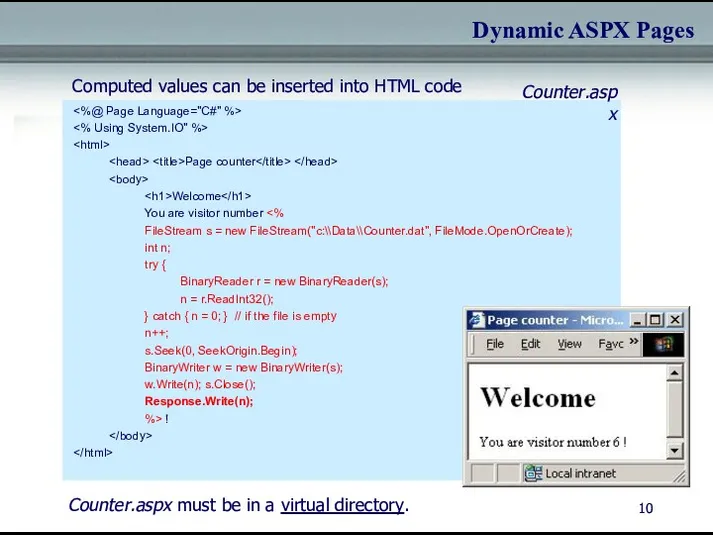 Dynamic ASPX Pages Page counter Welcome You are visitor number