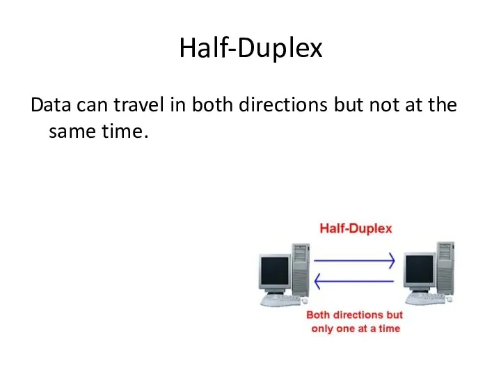 Half-Duplex Data can travel in both directions but not at the same time.