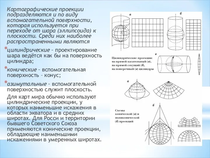 Картографические проекции подразделяются и по виду вспомогательной поверхности, которая используется