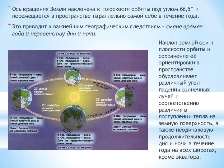 Ось вращения Земли наклонена к плоскости орбиты под углом 66,5°