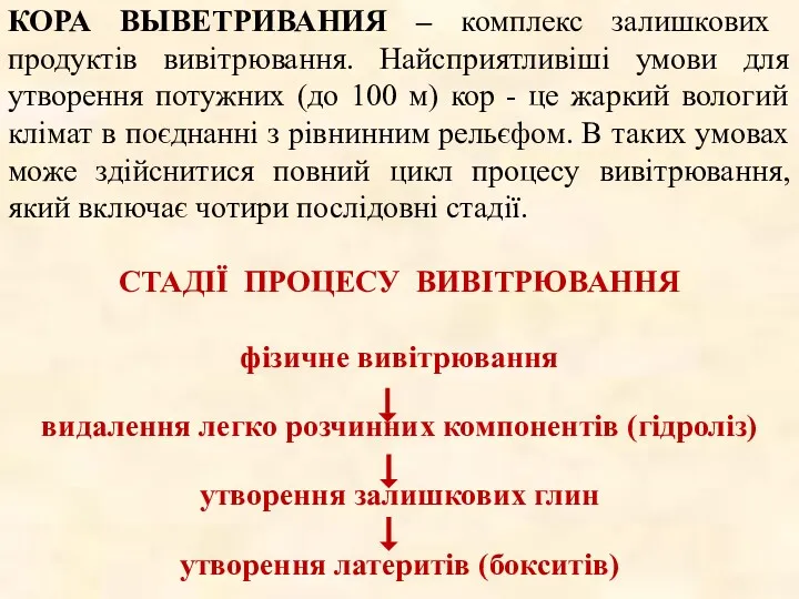 КОРА ВЫВЕТРИВАНИЯ – комплекс залишкових продуктів вивітрювання. Найсприятливіші умови для