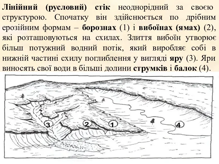 Лінійний (русловий) стік неоднорідний за своєю структурою. Спочатку він здійснюється