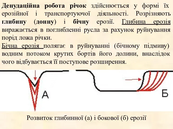 Денудаційна робота річок здійснюється у формі їх ерозійної і транспортуючої