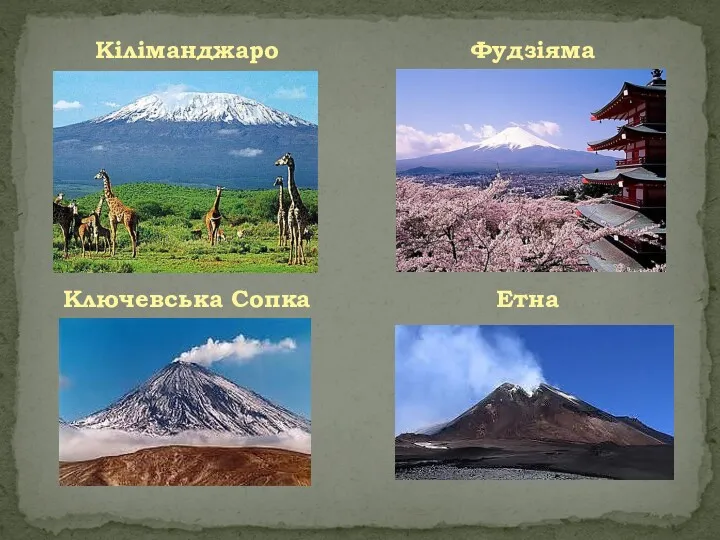 Кіліманджаро Фудзіяма Ключевська Сопка Етна