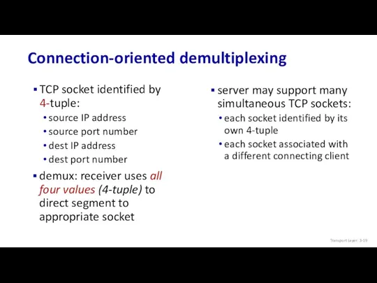 Connection-oriented demultiplexing TCP socket identified by 4-tuple: source IP address source port number