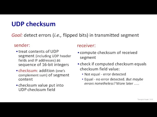 UDP checksum sender: treat contents of UDP segment (including UDP header fields and