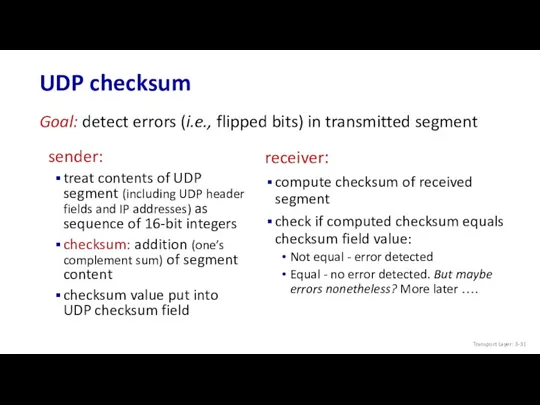 UDP checksum sender: treat contents of UDP segment (including UDP