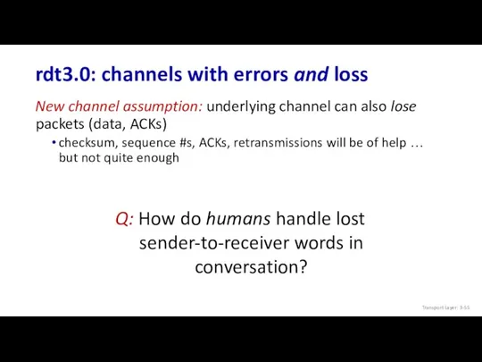 rdt3.0: channels with errors and loss New channel assumption: underlying channel can also