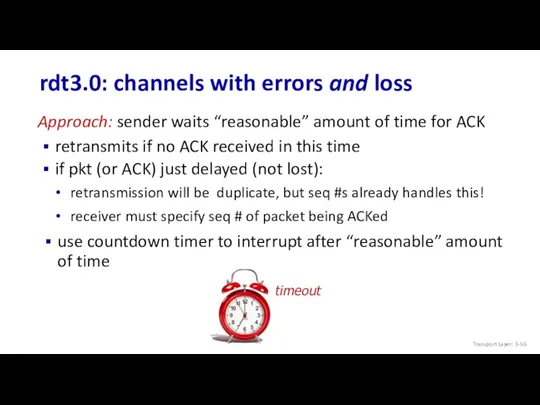 rdt3.0: channels with errors and loss Approach: sender waits “reasonable” amount of time