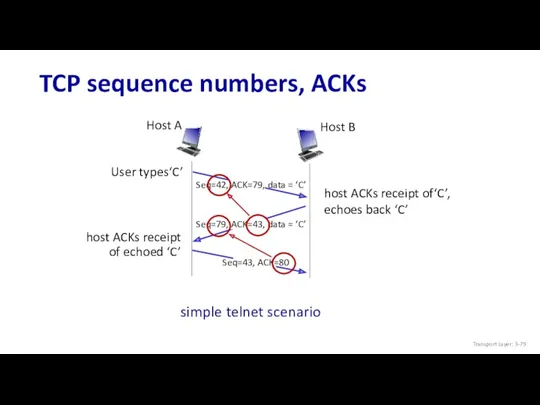 TCP sequence numbers, ACKs host ACKs receipt of echoed ‘C’ host ACKs receipt